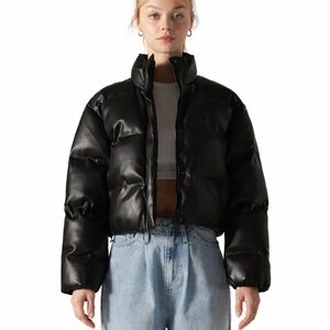 Endless Rose Cropped Puffer Jacket Black XS NWT Winter Coat Snap Button Elastic